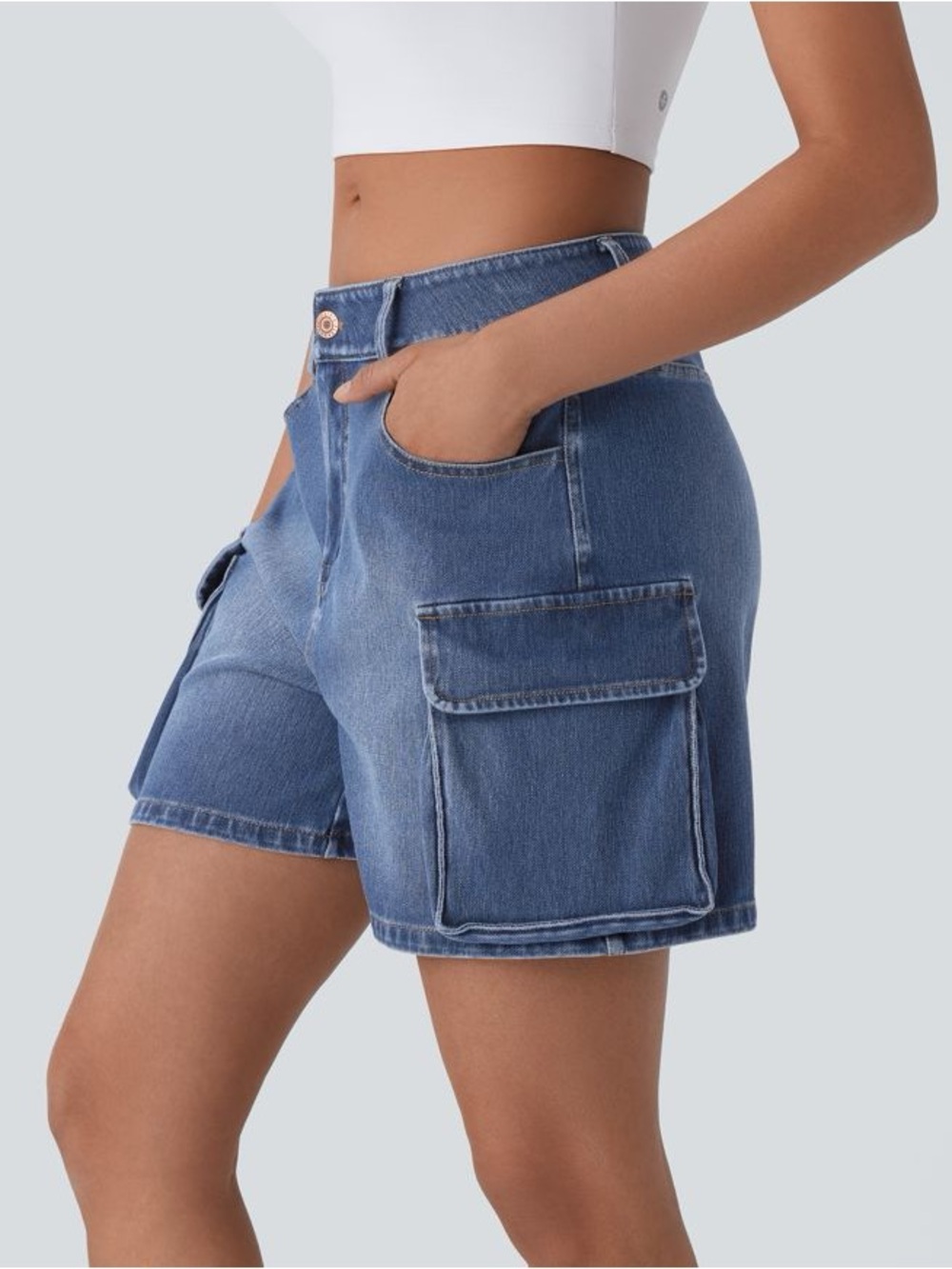 NWOT HALARA Blue Denim Cargo Shorts with Utility Pockets - Picture 6 of 8
